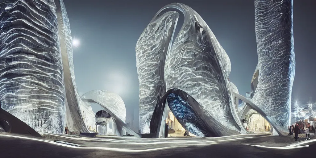 Image similar to fantasy city with moon by zaha Hadid with crowded street trending on artsation