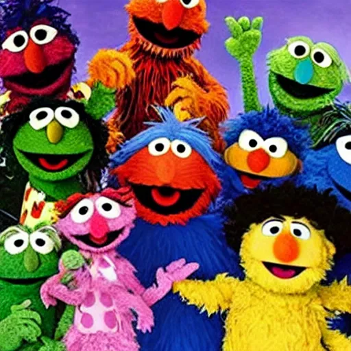 Prompt: the inhabitants of Sesame Street original depicted like The Night Watch by Rembrandt, Sesame Street, colorful happy scene