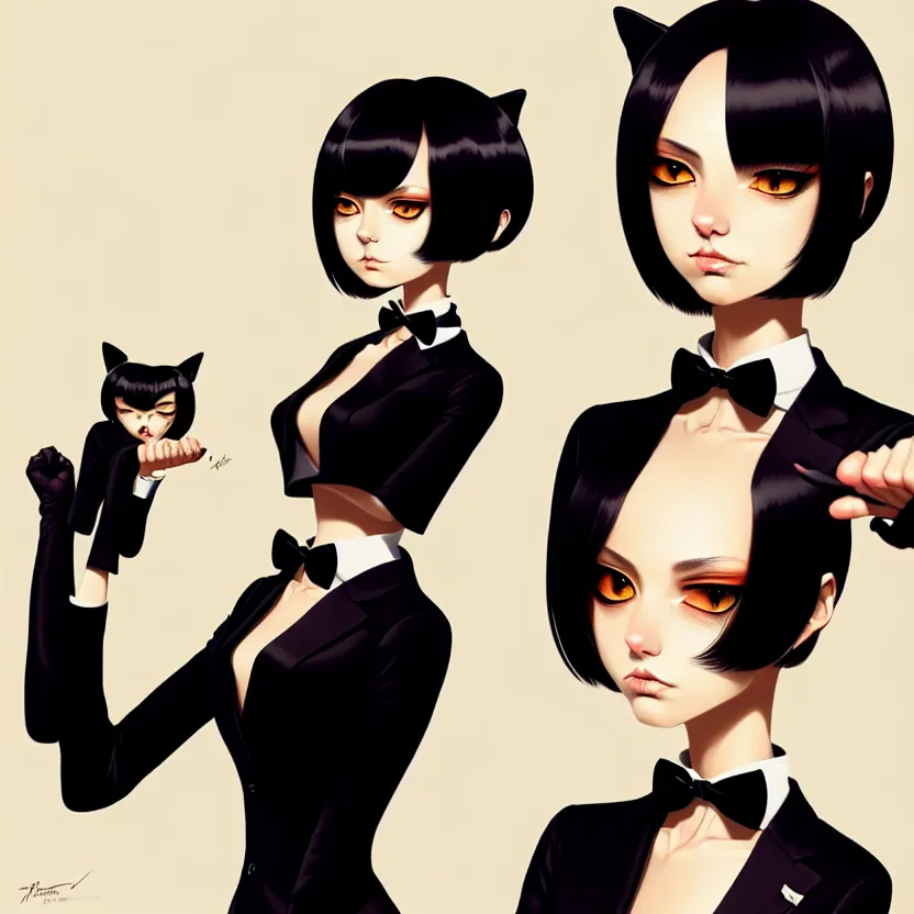 Image similar to a humanoid two cat, slim cruel business girl in tuxedo with black bob hair, elegant, 2 d, ultra highly detailed, digital painting, smooth, sharp focus, artstation, art by ilya kuvshinov!