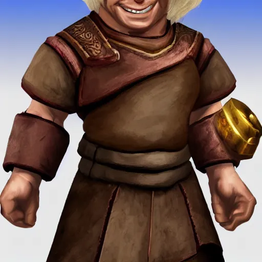 Prompt: baldurs gate 2 portrait of a male halfling cleric with defined cheekbones, dark blonde hair tied in a ponytail, wearing a brown and white robe with a white and brown cloak, wry smile