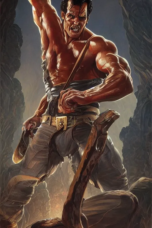 Prompt: Ash Williams from The evil dead, Very muscular, manowar album, closed fists, intricate, elegant, highly detailed, digital painting, artstation, concept art, smooth, sharp focus, illustration, art by artgerm and greg rutkowski and alphonse mucha