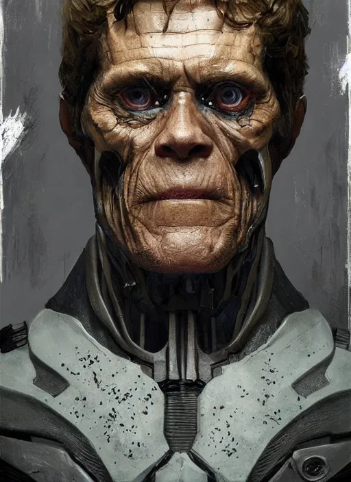 Image similar to willem dafoe as victor stone, full body concept, cyborg, borg, strogg, face of a man, terminator, flesh, quake strogg, doom demon, wolfenstein, monstrous, symmetry, symmetrical, concept art by ruan jia and greg rutkowski