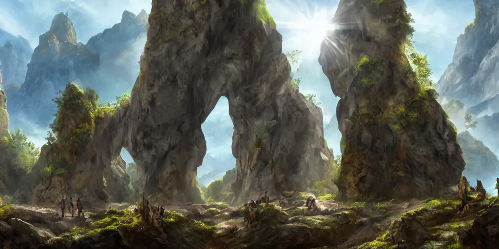 Prompt: two tall giant marble statues flanking a cave entrance into a mountain, extremely detailed digital matte painting, clear skies, sunlight, god rays