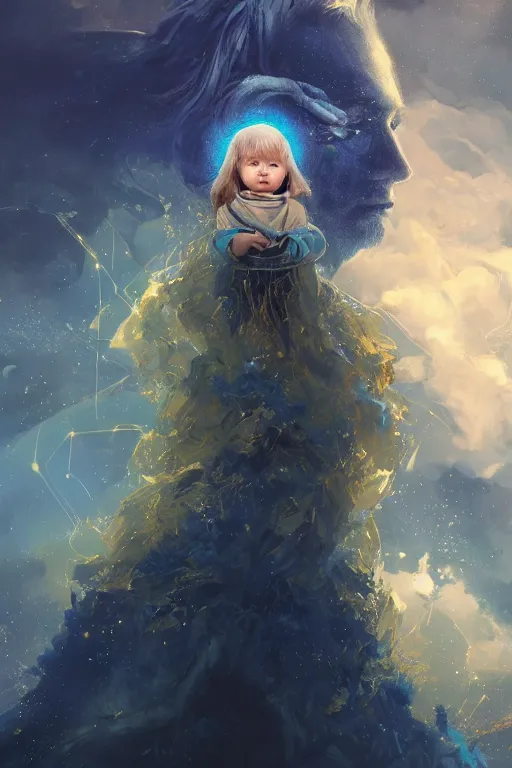 Prompt: a fancy portrait of a small golden celestial child in a blue and green portal, by greg rutkowski, sung choi, mitchell mohrhauser, maciej kuciara, johnson ting, maxim verehin, peter konig, bloodborne, 8 k photorealistic, cinematic lighting, hd, high details, dramatic, dark atmosphere, trending on artstation