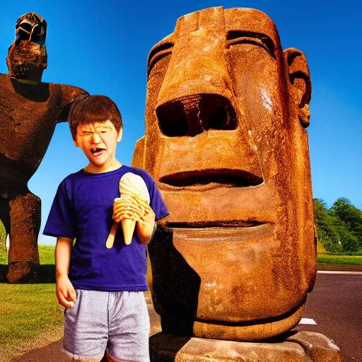 Image similar to a very upset and crying kid holding an ice cream cone but the ice cream is replaced with a moai statue, 4 k photograph