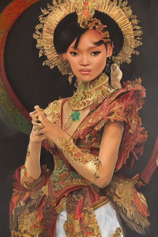 Prompt: portrait of an indonesian supermodels wearing traditional costume,!!!! very coherent!!!! highly detailed, digital painting, artstation, concept art, sharp focus, illustration, art by kittichai rueangchaichan and james gurney and alphonse mucha