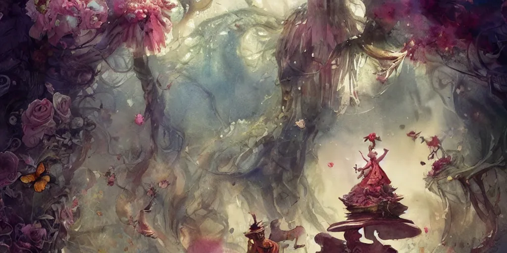 Prompt: a beautiful insanely intricate watercolor painting of alice in wonderland, reflexions, colorfull, by william turner art, by greg rutkowski, by james jean, by rossdraws, by frank franzzeta, by sakimichan, trending on artstation, insanely detailed illustration, thin contur lines, masterpiece,