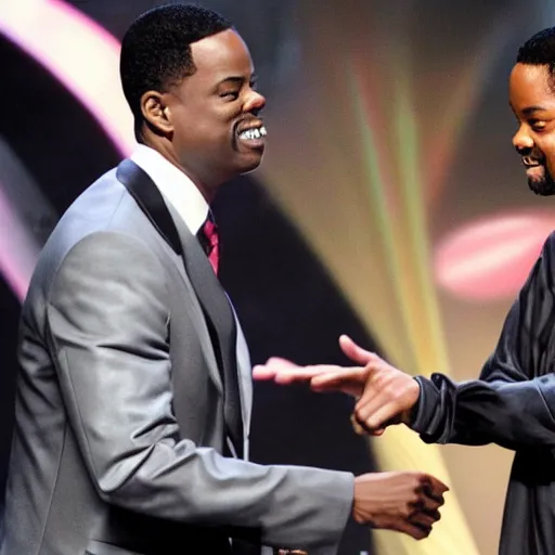 Image similar to chris rock slapping will smith on stage, cinematic, candid photography