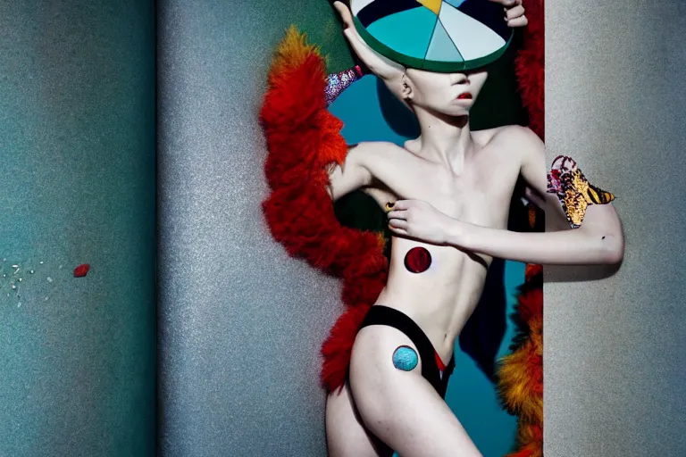 Prompt: fashion editorial photography in a world inspired by damien hirst