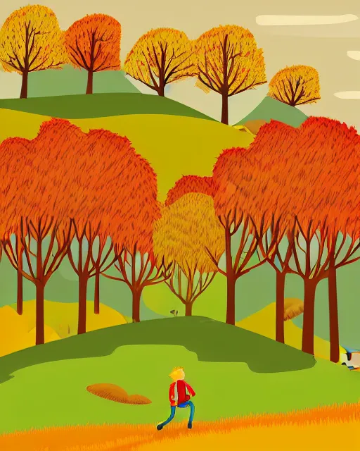 Image similar to autumn hillside boy hiking illustration detailed, matte print