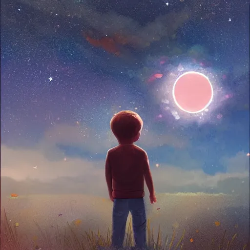 Image similar to Kid watching the stars and galaxies on the night sky, digital art, detailed, realistic, artstation