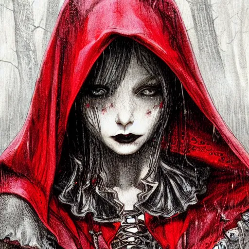 Image similar to cute gothic little red riding hood in the rain, detailed intricate ink illustration, dark atmosphere, detailed illustration, hd, 4k, digital art, overdetailed art, concept art, by greg rutkowski, by loish, complementing colors, Trending on artstation, deviantart