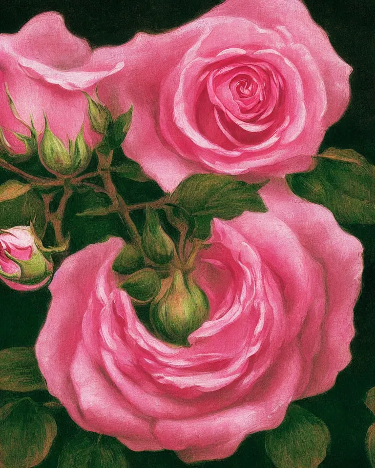 Image similar to achingly beautiful extreme close up painting of one blooming pink rose by rene magritte, monet, and turner. piranesi. macro lens, symmetry, circular.