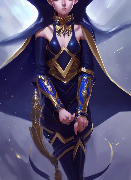 Image similar to beautiful and cool female dark magician, wide angle view, black, white, gold, blue colors, shiny, highly detailed, artgerm, cushart krenz, artstation, soft light, sharp focus, illustration, character design, concept art