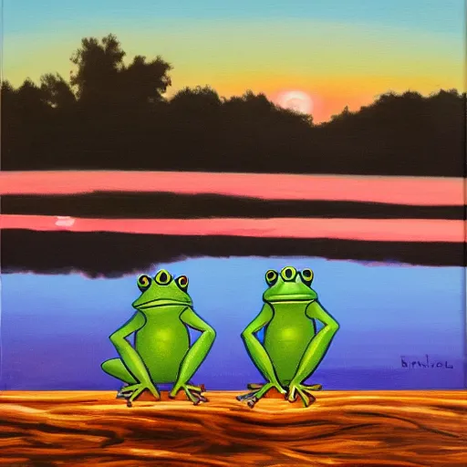 Prompt: Two frogs sitting on a log in a pond, the sun sets in the background, the sky is pink and blue, oil painting