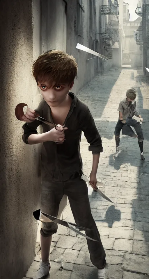 Prompt: A young blonde boy thief with daggers fighting in an alleyway , octane render, high detail, photorealistic, High details,4k