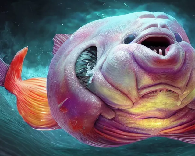 Image similar to of a very beautiful scene. ambient occlusion render. a sweet fat old woman is giving birth to a huge colorful fish. hyper realistic. 4 k. wide angle. wild. symmetrical face, red mouth, blue eyes. deep focus, lovely scene. ambient occlusion render. concept art. unreal engine.