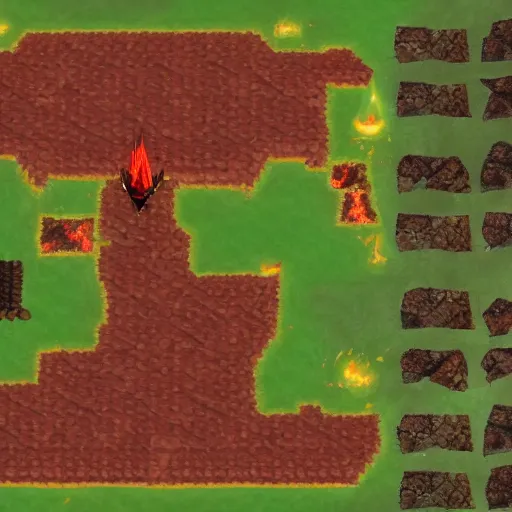 Image similar to TzKal-Zuk at the Inferno, old school runescape, lava river, magma, large shield of magma, obsidian pillars