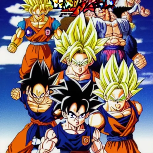 Prompt: Dragon ball z 90s classic cover, goku, vegueta and gohan super saiyan