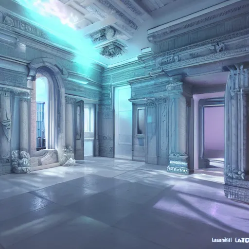 Prompt: liminal space interior of a vaporwave mansion high detail 3D rendered render in unreal engine 8K god rays volumetric lighting statues trending on art station
