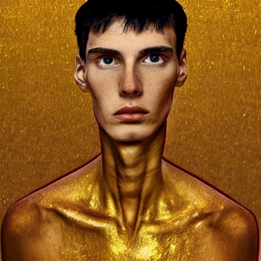 Prompt: a long shot portrait of tall, slender 20 year old man with golden scars, sci-fi, digital art, klimt, kintsugi, sharp-jaw, long brown hair, long-arms