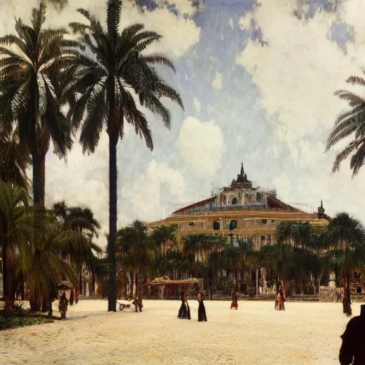 Prompt: a ultradetailed beautiful photo of the amazonas palace designed by jules bastien - lepage, hans belmer, frank weston and gustave baumann, people walking around, trending on artstation, mediterranean, palm trees, light sparkles, sharp focus, soft light, 8 k 4 k