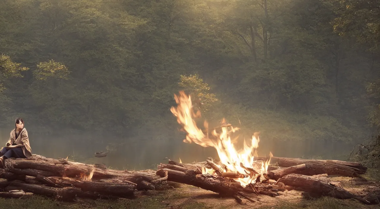 Prompt: A panoramic photograph of a girl with short black hair in a tan tenchcoat sitting on a log and drinking tea by the campfire at night in a grove, large landscape with a village in the valley, ray tracing final fantasy cinematic trailer, Jakub Rozalski. Atmospheric, Kodak, fuji film, HGTV, 12k ursa, cinematic. atmospheric, hyper realistic, 8k, epic composition, cinematic, octane render, artstation landscape vista photography by Carr Clifton & Galen Rowell, 16K resolution, Landscape veduta photo by Dustin Lefevre & tdraw, 8k resolution, detailed landscape painting by Ivan Shishkin, DeviantArt, Flickr, rendered in Enscape, Miyazaki, Nausicaa Ghibli, Breath of The Wild, 4k detailed post processing, artstation, rendering by octane, unreal engine