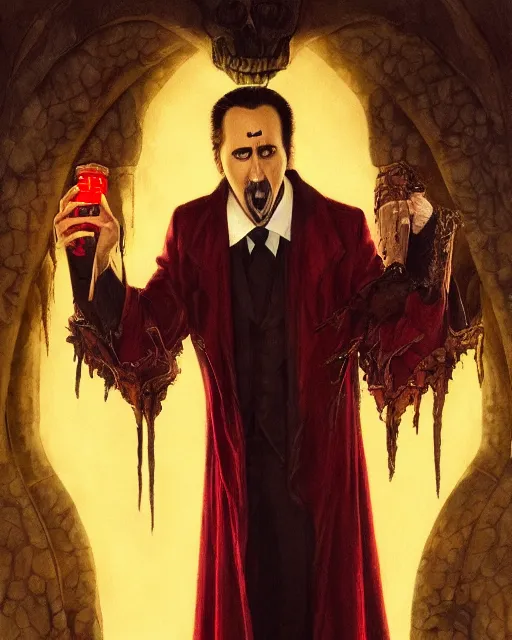 Image similar to nicolas cage as dracula, drink blood, highly detailed, centered, artstation, concept art, smooth, sharp focus, illustration, bokeh art by artgerm and donato giancola and joseph christian leyendecker