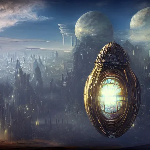 Image similar to enormous flying city in a faberge egg, sky, steampunk, fantasy art, masterpiece, hugh ferriss, unreal engine, peder balke, clouds background