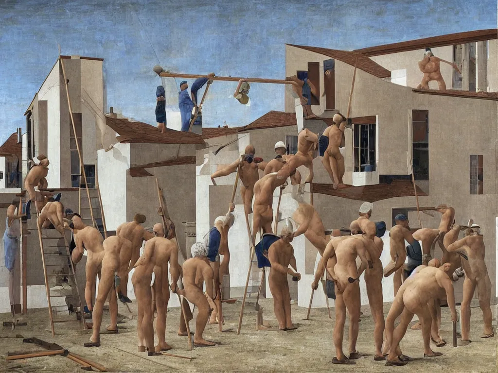 Prompt: Muscular workers renovating a house. Painting by Alex Colville, Piero della Francesca, Max Ernst.