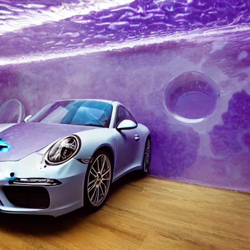 Image similar to a house made of translucent purple colored water in high quality with a porsche 9 1 1