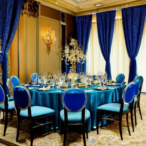 Image similar to a beautiful and elegant room designed with a combination of baroque and nanotechnology styles, large blue gem centerpiece, high tech features, complimentary colors