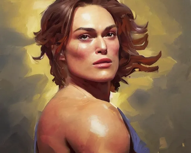 Image similar to greg manchess portrait painting of keira knightley as beautiful thick female bodybuilder zarya from overwatch, medium shot, asymmetrical, profile picture, organic painting, sunny day, matte painting, bold shapes, hard edges, street art, trending on artstation, by huang guangjian and gil elvgren and sachin teng