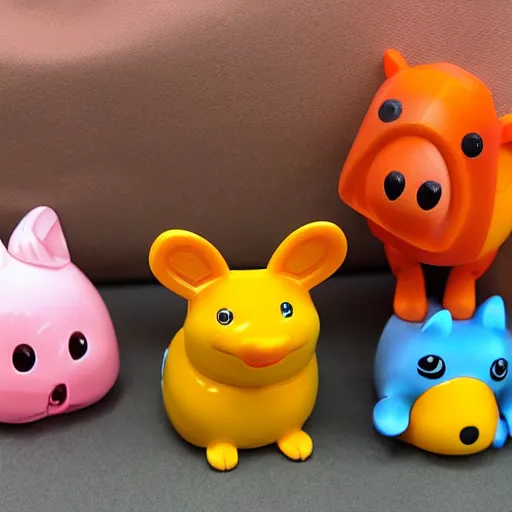 Image similar to some cute plastic toys that look like animal characters, sunset colors