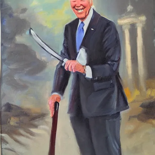 Image similar to oil painting of joe biden with a broadsword