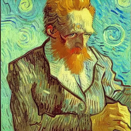 Image similar to white blonde hairy german male making a sales call. oil painting. van gogh