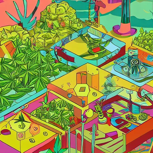 Prompt: cannabis utopia room, fun isometric cartoon by earle, eyvind