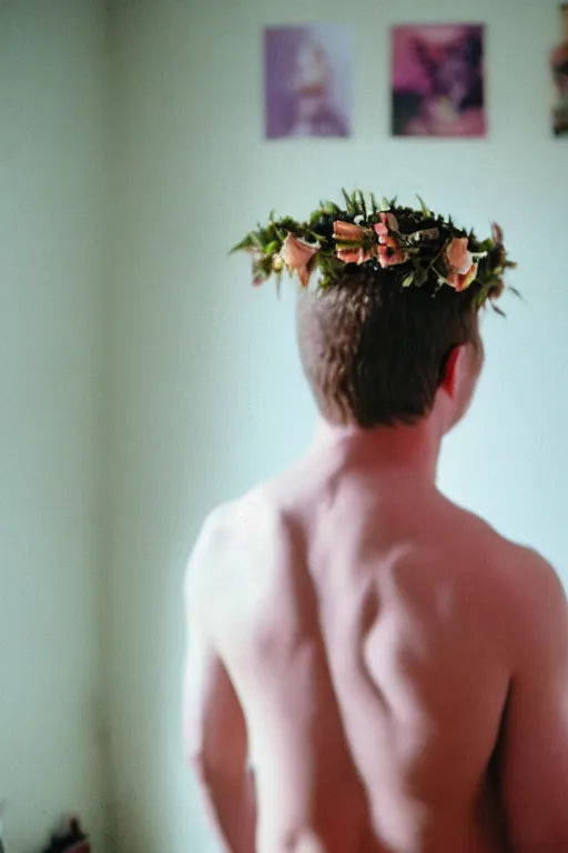 Image similar to agfa vista 4 0 0 photograph of a skinny blonde guy standing in a cluttered 9 0 s bedroom, flower crown, back view, grain, moody lighting, moody vibe, telephoto, 9 0 s vibe, blurry background, vaporwave colors!, faded!,