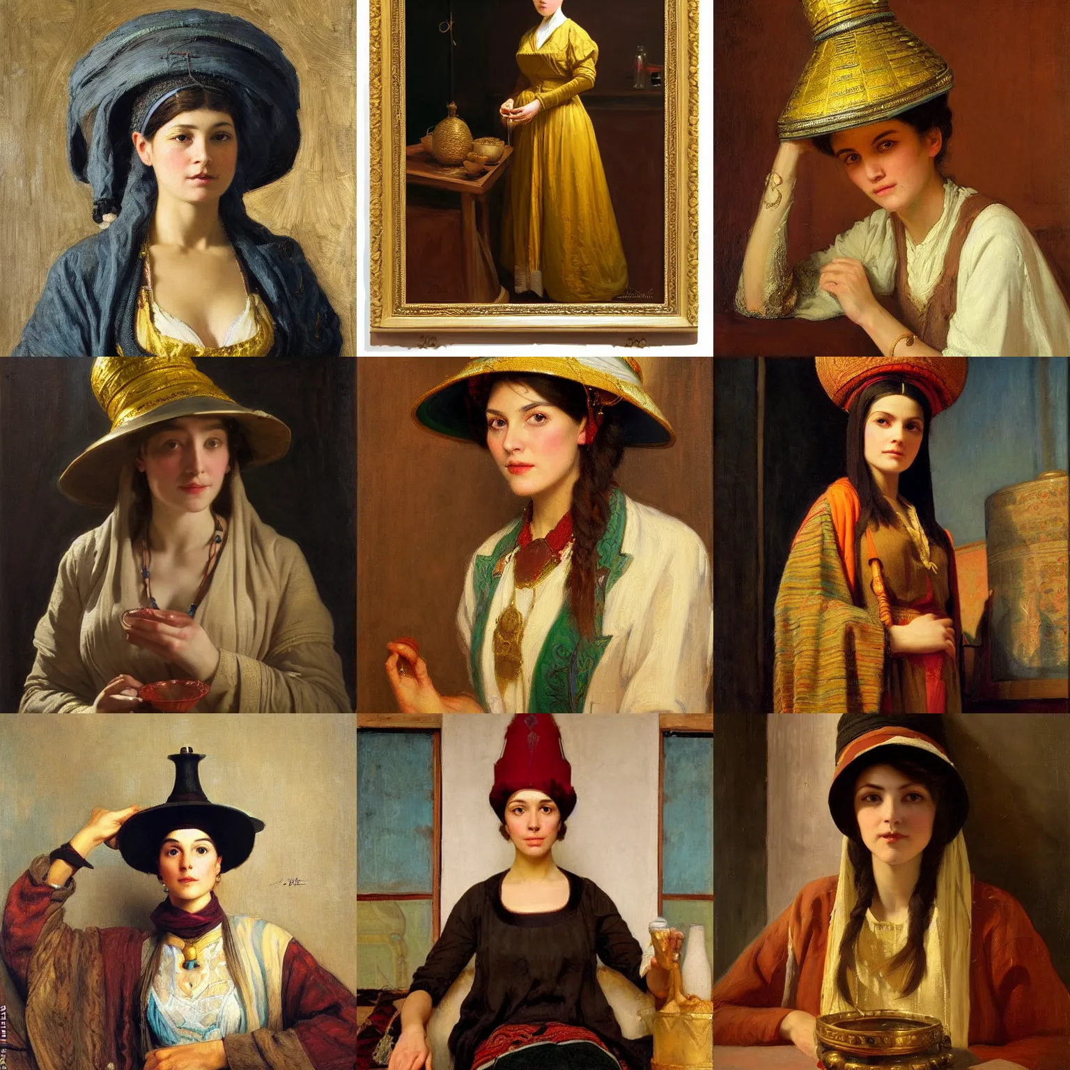 Prompt: orientalism portrait of a cute woman alchemist with a tall hat by Edwin Longsden Long and Theodore Ralli and Nasreddine Dinet and Adam Styka, masterful intricate artwork. Oil on canvas, excellent lighting, high detail 8k