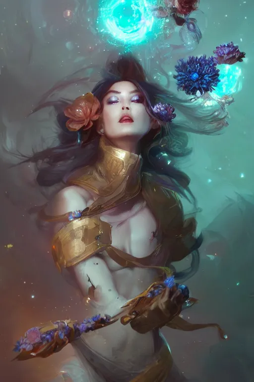 Image similar to beautiful girl necromancer covered with crystals exploding space, 3 d render, hyper realistic detailed portrait, holding magic flowers, ruan jia, wlop. scifi, fantasy, hyper detailed, octane render, concept art, peter mohrbacher