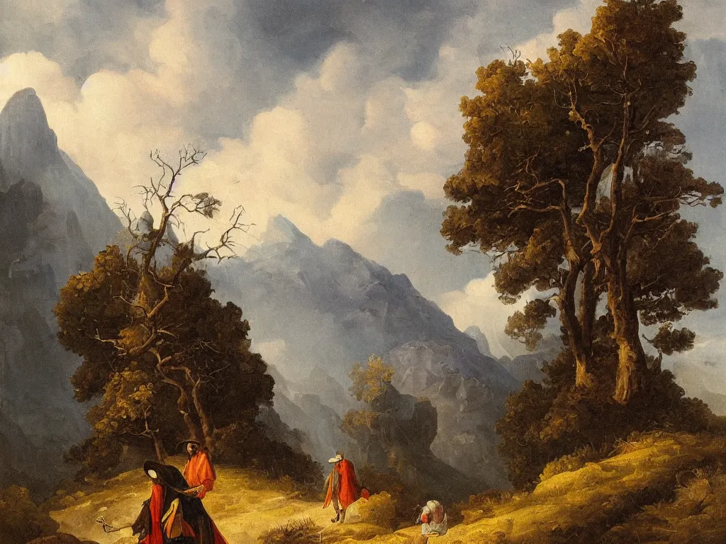 Image similar to a man in a grey cloak and brimmed hat with a staff travelling trough the mountains with trees in the style of neo-romanticism, very detailed, colorful, oil painting, clouds