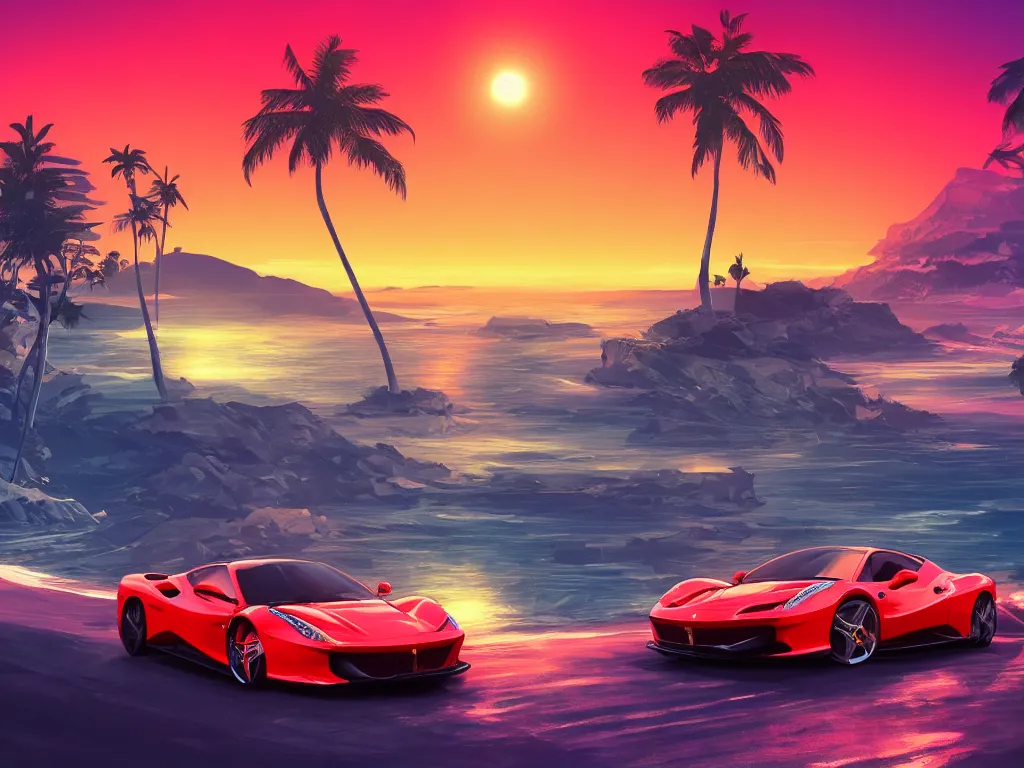 Prompt: ferrari riding along the coast, midnight, cliffs, palms, synthwave, digital art, 8 k wallpaper, artstation