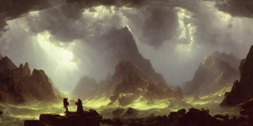 Image similar to storm in the mountains, by Albert Bierstadt, Ernst Haeckel, James Jean, emotional, cinematic atmospheric, artstation