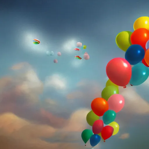 Image similar to digital art of plenty of birthday balloons floating above the sea. artstation cgsociety masterpiece