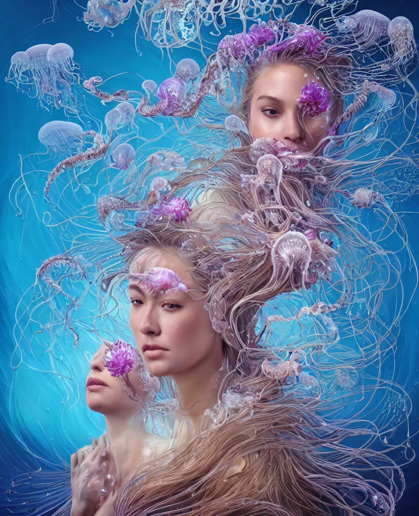 Image similar to close-up portrait of the face of a beautiful princess, surrounded by intricate twisted flowers orchid jellyfish and energy flow, water and plasma flow splashes, epic angle and pose, symmetrical artwork, 3d with depth of field, blurred background, floating jellyfish skull phoenix bird, translucent, nautilus, energy flows of water and fire. a highly detailed epic cinematic concept art CG render. made in Maya, Blender and Photoshop, octane render, excellent composition, cinematic dystopian brutalist atmosphere, dynamic dramatic cinematic lighting, aesthetic, very inspirational, arthouse. y Greg Rutkowski, Ilya Kuvshinov, WLOP, Stanley Artgerm Lau, Ruan Jia and Fenghua Zhong