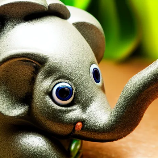 Image similar to macro photo little green elephant cleaning with toothbrush, fisheye, realistic, dramatic