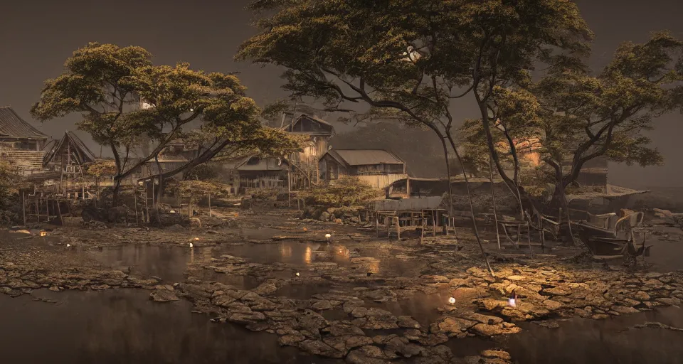 Image similar to An old Japanese fishing village at night, evil, demonic, enchanting, misty, haze, clouds, angelic, flowers, nature, symmetry, environment concept, cinematic, Rendered in Octane, cgsociety, moody lighting rendered by octane engine, cinematic lighting, intricate details, 8k detail post processing, hyperealistic, photo realism, by Stephen King