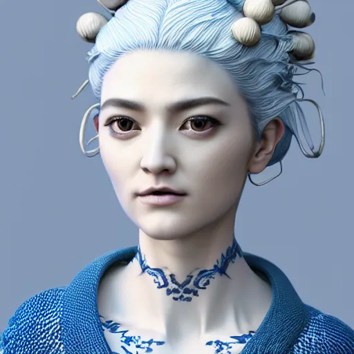 Image similar to 3 d render, hyper detailed, realistic female face and shoulders as a painted porcelain statue, with ornate blue willow pattern, white hair, fine facial features, white eyes and eyelashes, 8 k, 1 5 0 ml lens, elegant, white background, octane render, volumetric lighting, by carlos ortega elizalde and yomagick