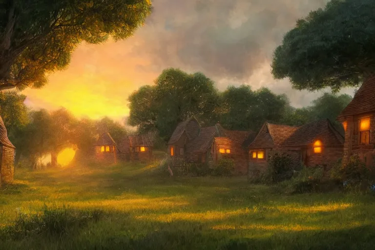 Prompt: sunset over the cottages in the shire, ghibli, artstation, award wining, rutkowski, shinkai