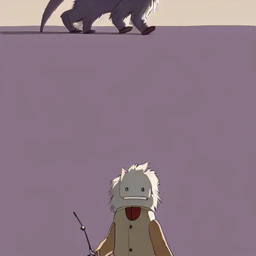 Prompt: a study of cell shaded cartoon of a grey robot baboon from howl's moving castle ( 2 0 0 4 ) on a desert road, full body, wide shot, very muted colors, post grunge, studio ghibli, laurie greasley, highly detailed, deviantart, art by artgem